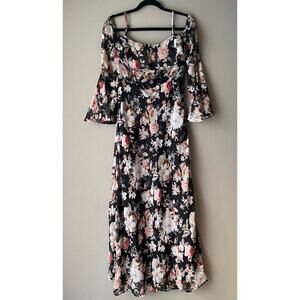 Re:named sz S black pink floral off shoulder maxi sundress
